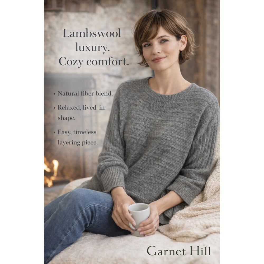 Garnet Hill Lambswool Blend Sweater Gray Textured Relaxed Knit Natural Fiber L